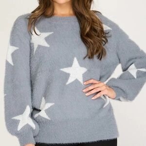 Cliche Fuzzy Star Soft Sweater Grey/White Color Size L
